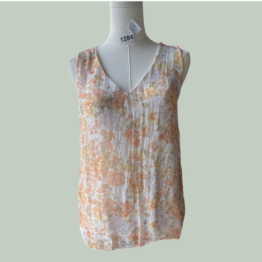 Giusy Milano Silk Top Womens Small Ivory Peach Floral Sleeveless Fairycore Boho